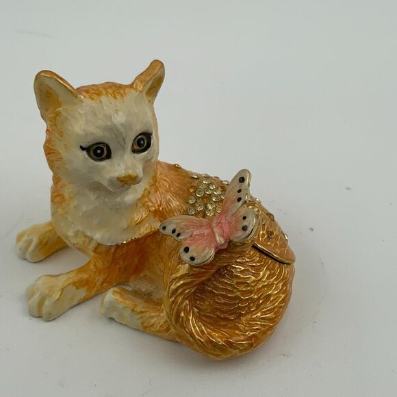 Cat with Butterfly Hinged Trinket Box, Jeweled & Enamel - NEW - Picture 9 of 10